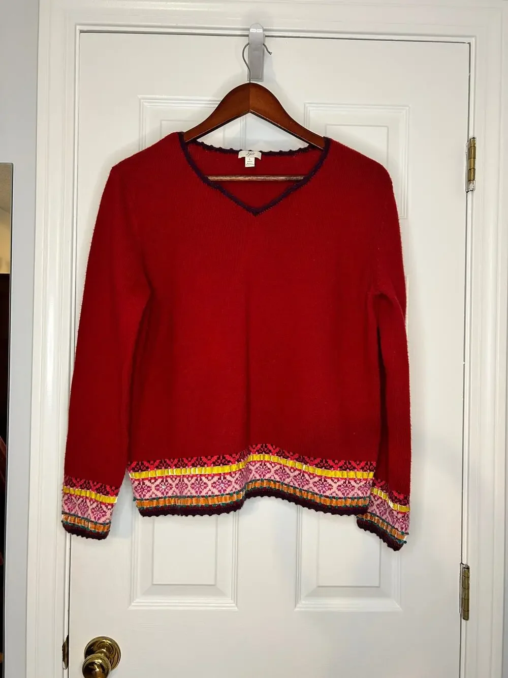J.Jill Petite Red Embellished Fair Isle V Neck Sweater LP